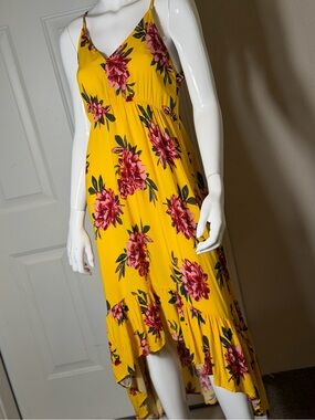 Pacific Vibes~Bright~Yellow~Floral~V-Neck~High-Low~Ruffle Hem~Maxi Dress~Size L
